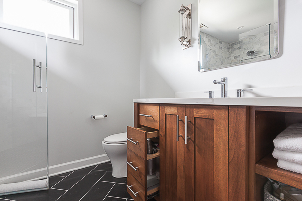 floating bathroom vanity with open shelves