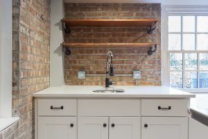 basement bar exposed brick white cabinets hinsdale, illinois wheatland custom cabinetry