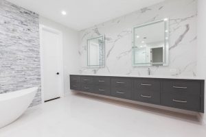 modern floating vanity master bathroom large double sink custom vanity stained transitional chicago