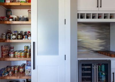 kitchen reface refinish oak cabinets quartz countertop black accent blue island white perimeter walk in pantry