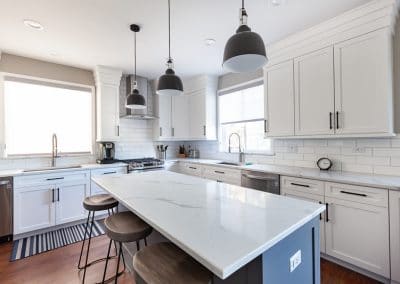 kitchen reface refinish oak cabinets quartz countertop black accent blue island white perimeter walk in pantry