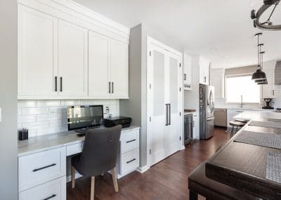 kitchen reface refinish oak cabinets quartz countertop black accent blue island white perimeter walk in pantry