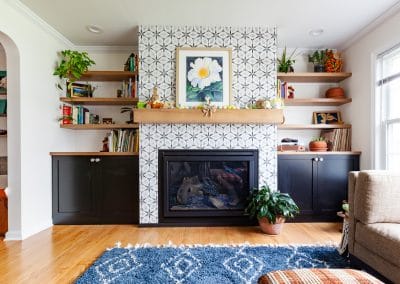 octagon tile fireplace cabinet floating shelves bleached walnut eclectic