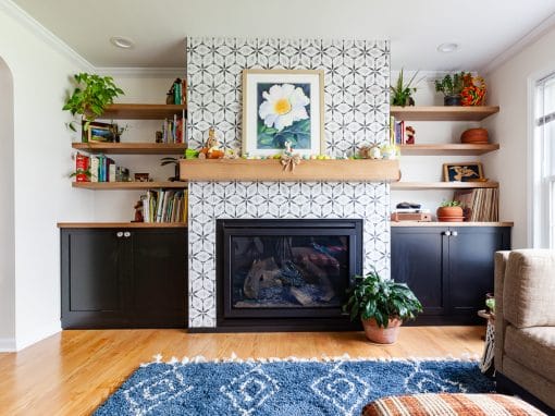 Eclectic Fireplace Remodel with Flanking Cabinets in Elmhurst, Illinois