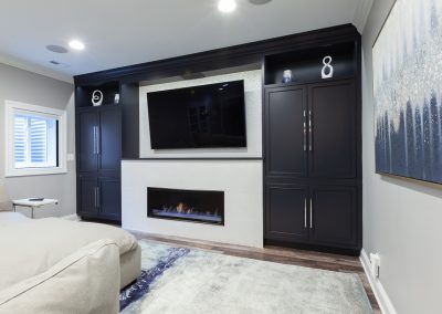benjamin moore soot basement fireplace built-ins inset shaker chic wheatland cabinets elizabeth steiner photography