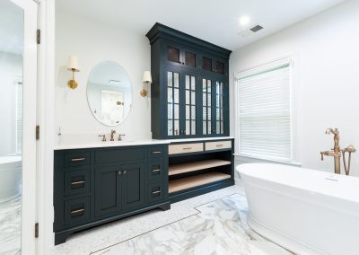 master bathroom vanity, his and her vanity, campaign hardware, walnut floating vanity clarendon hills, illinois, elizabeth steiner photography, wheatland cabinets