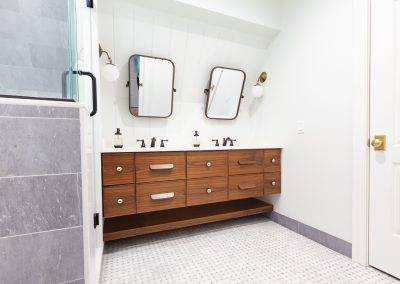 master bathroom vanity, his and her vanity, campaign hardware, walnut floating vanity clarendon hills, illinois, elizabeth steiner photography, wheatland cabinets