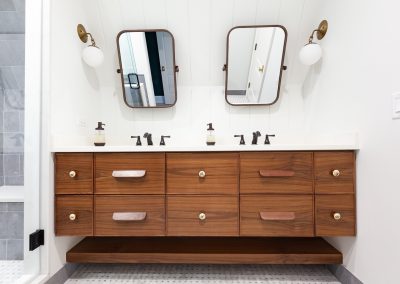 master bathroom vanity, his and her vanity, campaign hardware, walnut floating vanity clarendon hills, illinois, elizabeth steiner photography, wheatland cabinets