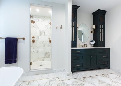 master bathroom vanity, his and her vanity, campaign hardware, walnut floating vanity clarendon hills, illinois, elizabeth steiner photography, wheatland cabinets