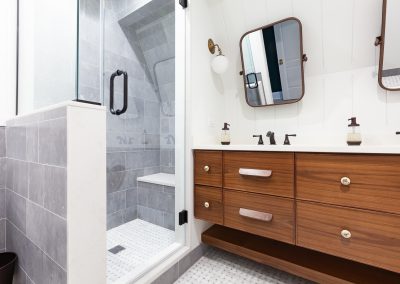 master bathroom vanity, his and her vanity, campaign hardware, walnut floating vanity clarendon hills, illinois, elizabeth steiner photography, wheatland cabinets