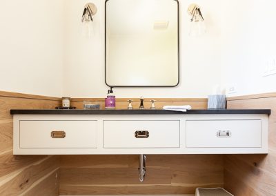 master bathroom vanity, his and her vanity, campaign hardware, walnut floating vanity clarendon hills, illinois, elizabeth steiner photography, wheatland cabinets