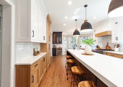 Black and White Kitchen in Wheaton, Illinois rift sawn white oak, live edge dry bar countertop, live edge countertop,